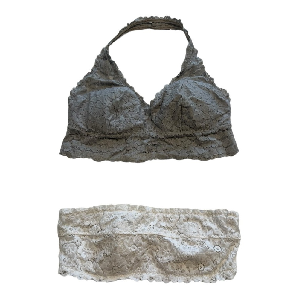 Aerie Boho Lace Halter Bralette and White Floral Bandeau Bra Layering - Size M